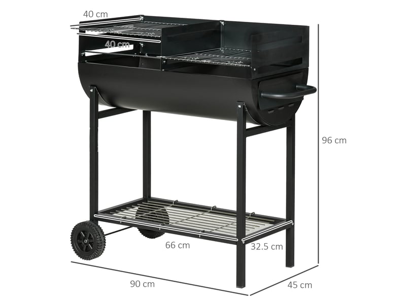  Barbecue en acier avec 2 grilles indépendantes, 2 roues et tablette inférieure | noir | 90 x 45 x 96 cm  - Conforama E