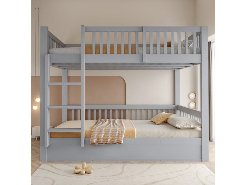  Lit superposé 140x200 cm, coffre de rangement sous le couchage inférieur, sommier relevable à vérins, pin et mdf, gris OMNIGLINT TRADING LTD - Conforama C