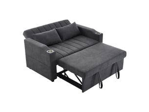 Canapé convertible 136 cm en coton-lin - 2 places - dossier 3 positions - porte-gobelets - 2 coussins - gris