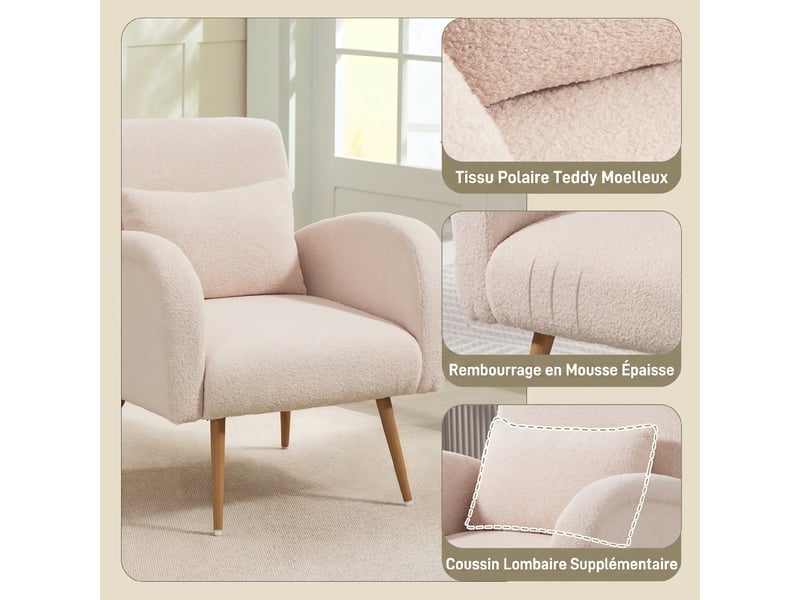 Fauteuil en tissu teddy avec coussin lombaire beige 77x77x83 cm  - Conforama D