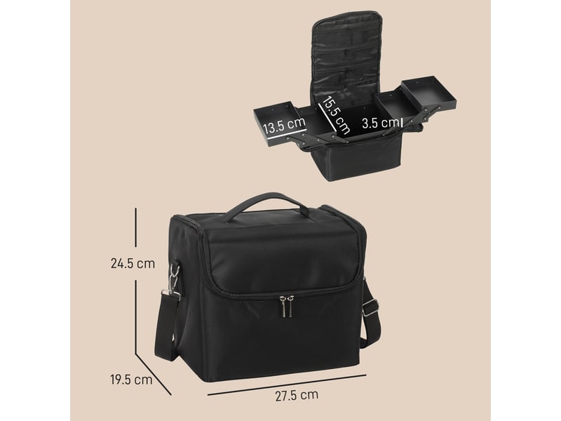  Trousse de maquillage avec 4 compartiments amovibles, bandoulière et poignée, noire  - Conforama E