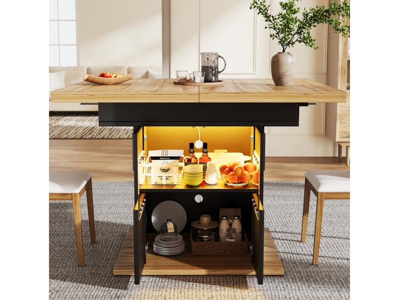  Table à manger extensible 110-140 cm avec rangement et led, finition noire, style repas moderne, dessus en bois, usage cuisine, aggloméré  - Conforama B