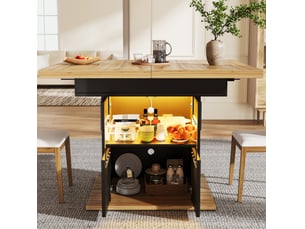 Table à manger extensible 110-140 cm avec rangement et led, finition noire, style repas moderne, dessus en bois, usage cuisine, aggloméré
