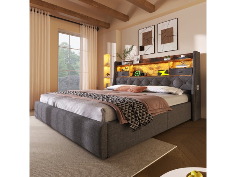  Lit king size -180x200 cm - lit coffre hydraulique - avec led - 4 ports usbtype-c - tête de lit rangement - gris  - Conforama B