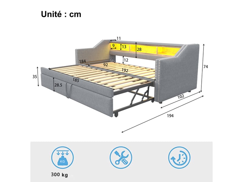  Lit gigogne 1 ou 2 places 90x190 et 180x190 cm avec 3 rangements, usb et led, sans matelas, gris clair  - Conforama D