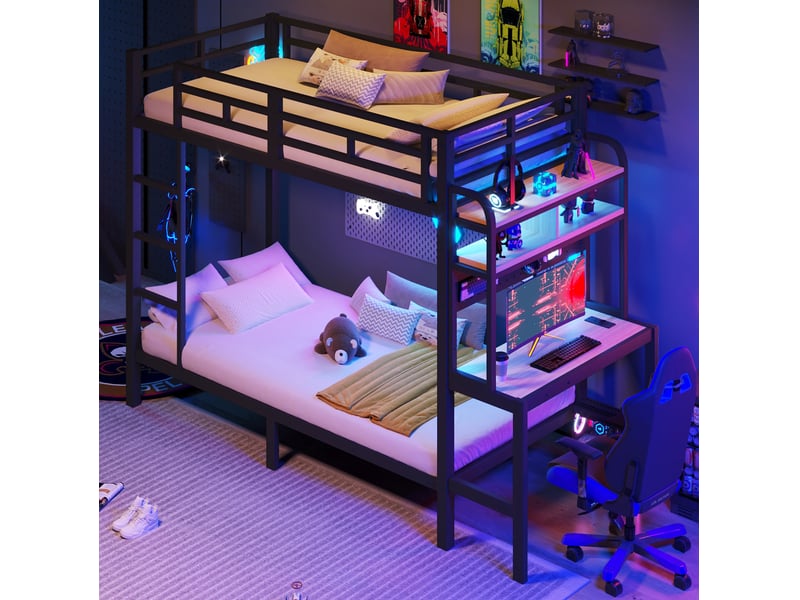  Lit superposé modenvie 90 x 200 cm avec bureau, étagères, led et usb noir  - Conforama E