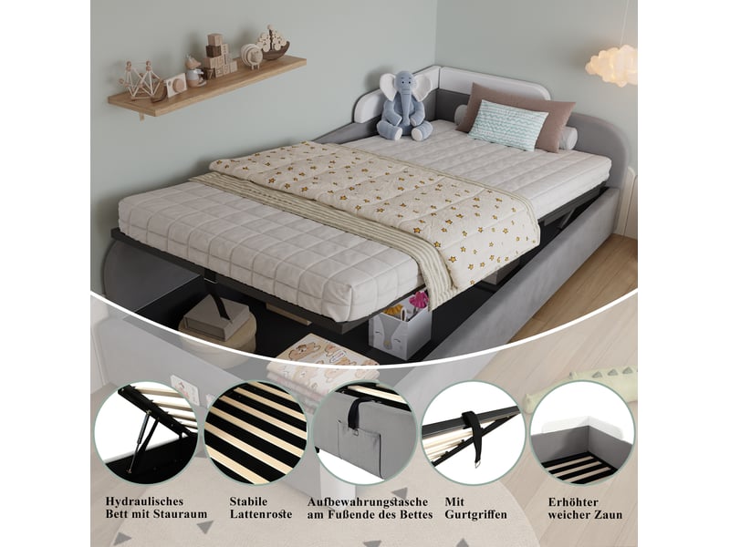  Lit coffre enfant 90x200 cm, avec rangement et sommier, panneau latéral gauche, velours, gris et blanc, sans matelas  - Conforama E
