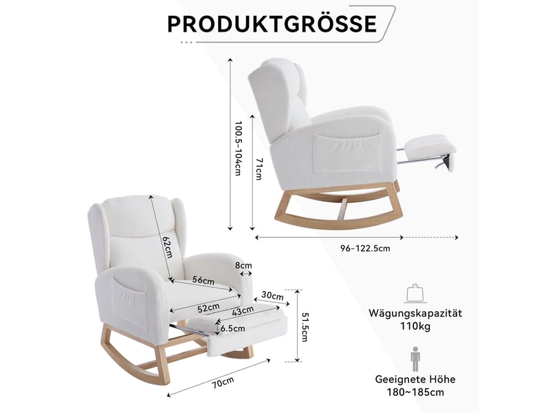 Fauteuil à bascule blanc 122,5 x 70 x 104 cm, tissu peluche, repose-pieds coulissant et poche latérale - Conforama C