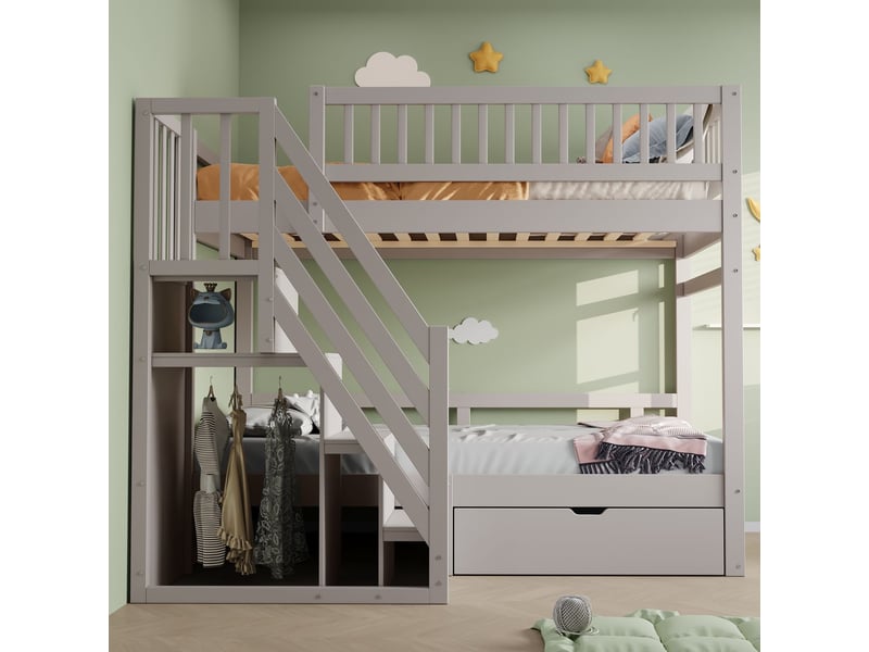  Lit superposé 90x200, sécurité renforcée lit superposé enfant, bois massif, échelle rangement, tiroirs, sommier  - Conforama D