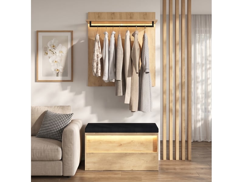  Set d'entrée avec porte-manteau mural et banc à chaussures 90x47x145 cm, led, mdf, bois clair, meuble d'entrée pratique  - Conforama B