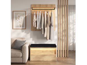Set d'entrée avec porte-manteau mural et banc à chaussures 90x47x145 cm, led, mdf, bois clair, meuble d'entrée pratique
