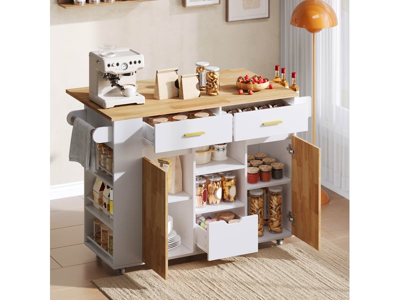 Îlot de cuisine mobile avec plan de travail rabattable, rangements et roulettes freinées 120 x 71 x 90 cm evryae - Conforama C
