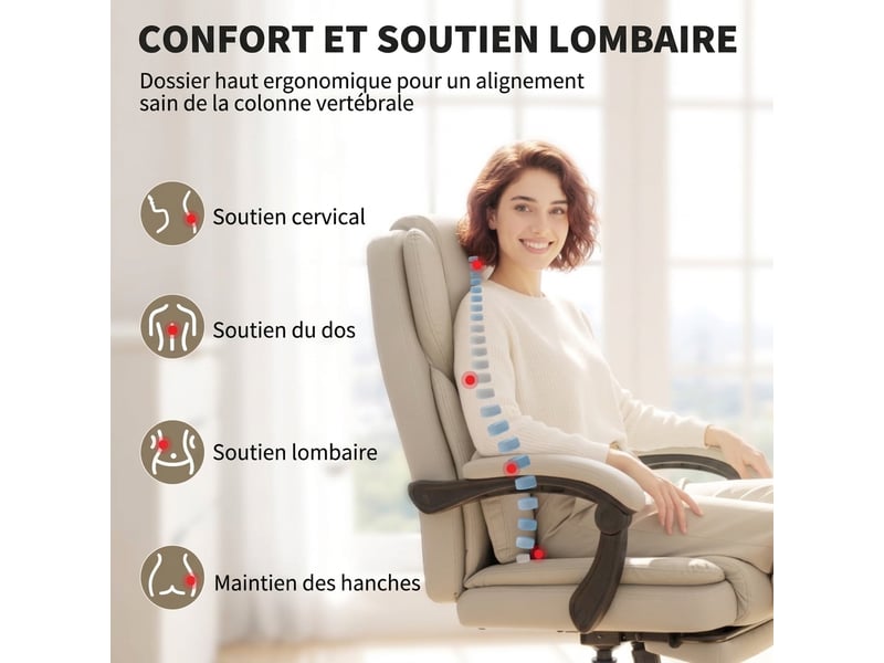  Fauteuil de bureau en similicuir beige avec repose-pieds et dossier inclinable  - Conforama E