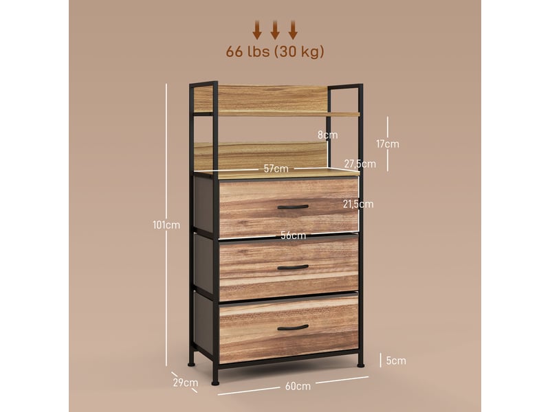  Meuble de rangement style industriel commode 3 tiroirs en tissu amovibles et 2 étagères - 60 x 29 x 101cm - mdf et métal  - Conforama C