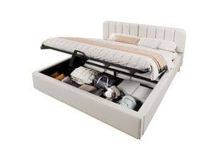 Lit coffre rembourrée 180x200 cm lit double avec rangement hydraulique, led, sommier à lattes, chenille beige