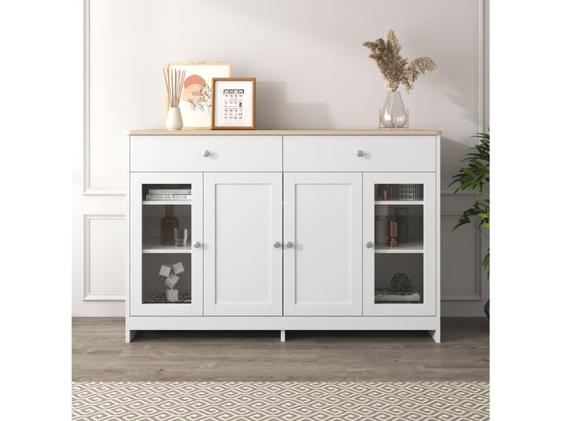  Buffet 120x37x80 cm, avec 2 tiroirs et 4 portes, tablettes réglables, pour salon, salle à manger, effet bois, mdf blanc  - Conforama D
