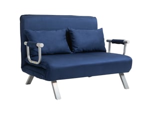 Canapé 2 places, transformable en lit, dossier réglable, avec coussins, en velours, coloris bleu, l111 x p80 x h78 cm