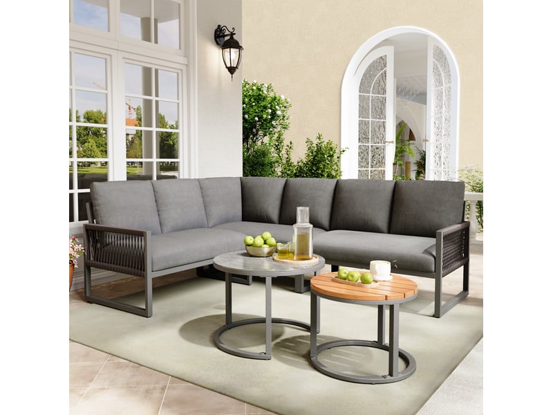  Salon de jardin d'angle gris 6 à 7 places en métal avec 2 tables basses et coussins, pour vos moments en extérieur  - Conforama B