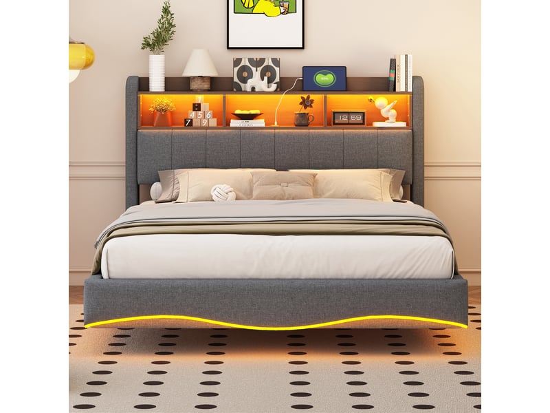  Lit capitonné suspendu 140x200 cm gris en lin, led, usb type-c et rangement de tête et coffre  - Conforama C