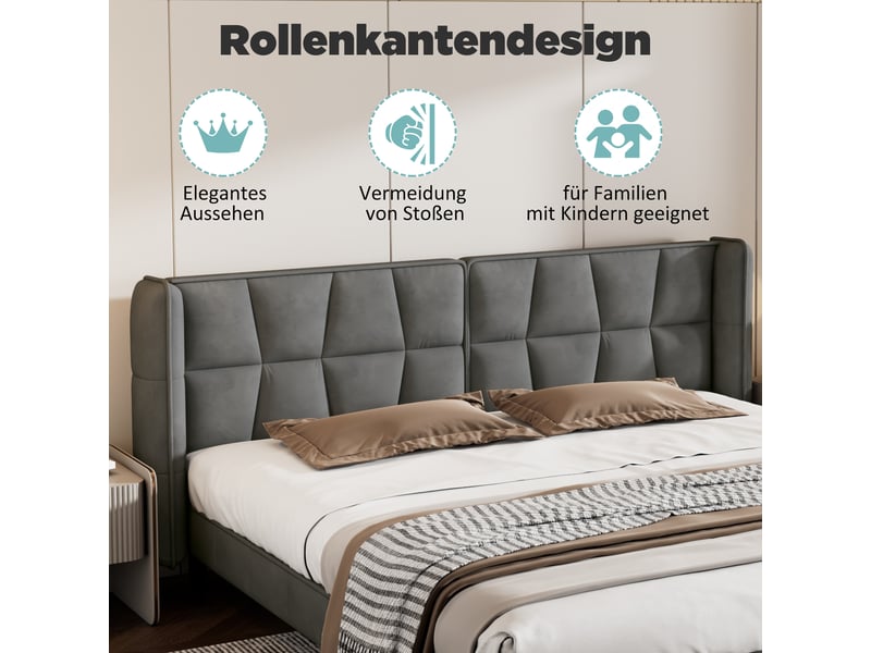 Lit capitonné 180x200 avec sommier à lattes et tête de lit, lit en velours gris élégant pour adulte, structure robuste, montage facile. - Conforama W