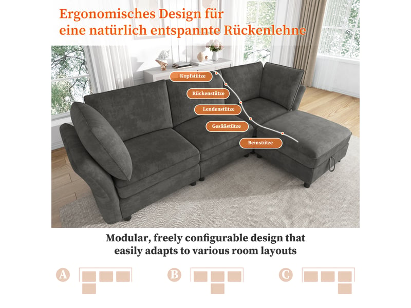  Canapé d'angle modulable 4 places avec pouf coffre de rangement gris  - Conforama D