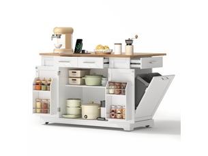 Îlot de cuisine avec plateau rabattable, 3 tiroirs, roulettes et espace poubelle pour cuisine en mdf blanc naturel