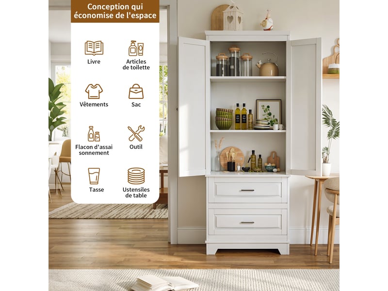  Armoire de rangement salle de bain - 70x47x185cm - colonne haute 2 portes, étagère réglable &amp; 2 tiroirs - blanc  - Conforama D