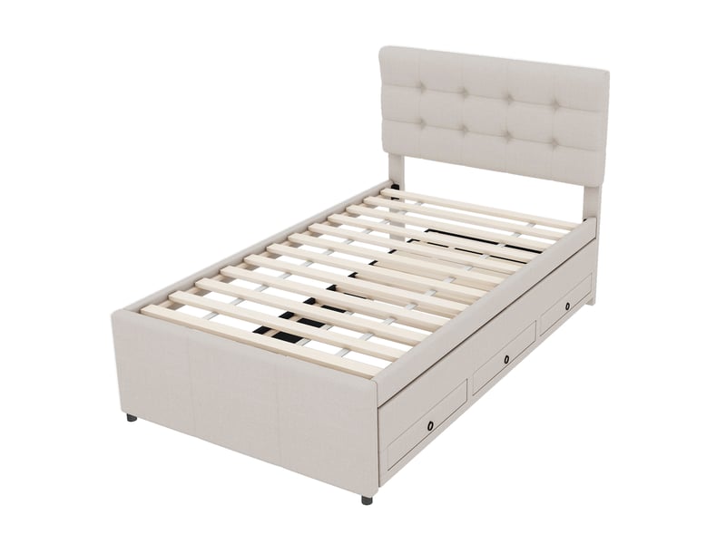  Lit gigogne beige 90x200/90x190 cm avec 3 tiroirs et tête de lit réglable  - Conforama D