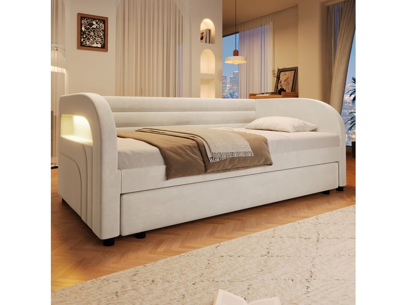  Lit jeune gigogne, 90x200 cm, avec led multicolore, couchage d'appoint, tissue, tissu et flanelle et mdf, coloris blanc  - Conforama D