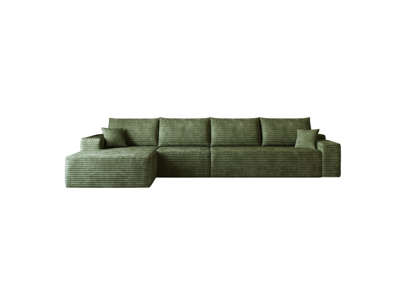 Canapé d'angle modulaire 4 places en velours côtelé vert, avec chaise longue, sans montage, confort moelleux - Conforama A