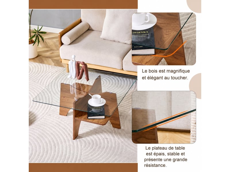  Table basse carrée 80 cm avec plateau en verre trempé et pieds en mdf effet noyer  - Conforama E
