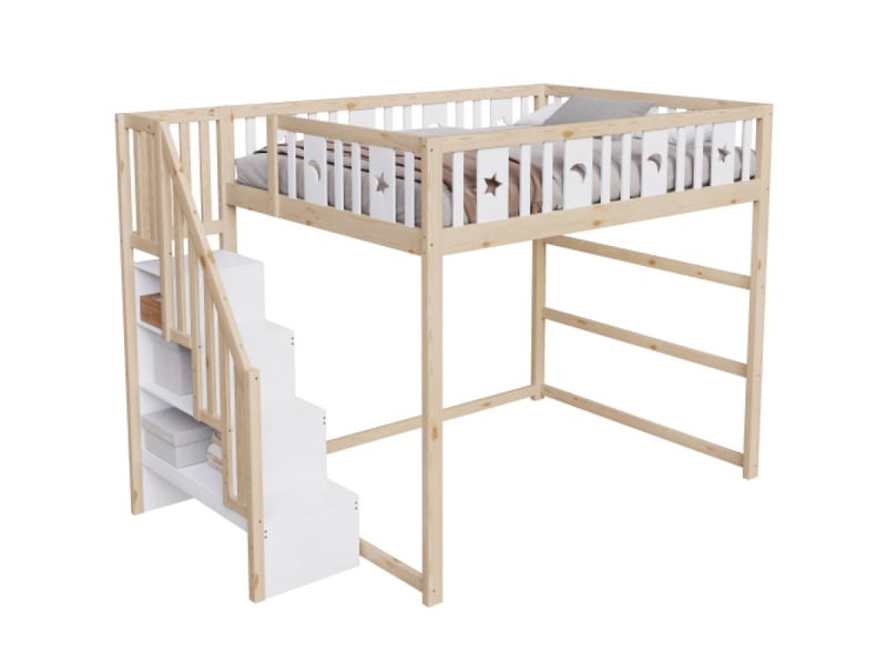  Lit mezzanine avec escalier 140x200 en bois massif avec escalier, rampe sécurité et décoration étoile et lune  - Conforama A