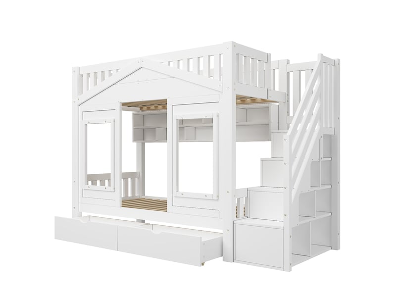  Lit superposé cabane 90 x 200 cm, couchages superposés, panneaux avec fenêtres, escalier, étagères de rangement, pour la chambre, pin, blanc ABC - Conforama A