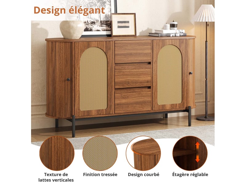 Buffet bas ovale 140x38x77,5 cm, portes coulissantes et rotin, 3 tiroirs, mdf, pieds métal, noyer - Conforama E