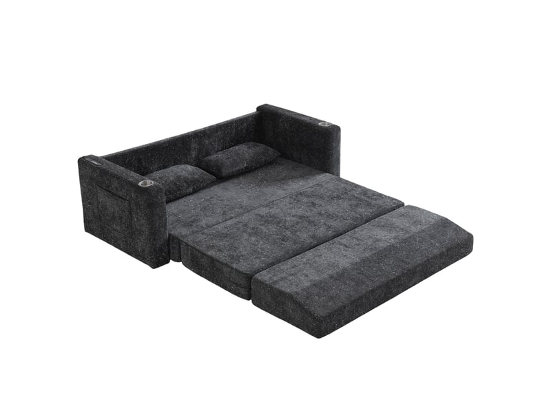 Canapé-lit 2 places convertible 2 en 1 en tissu chenille noir et gris, avec ports usb, porte-gobelets et 2 coussins - Conforama A