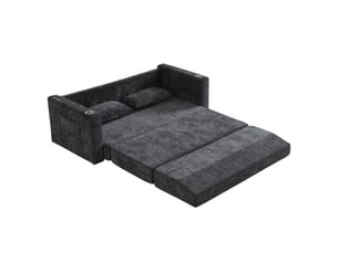 Canapé-lit 2 places convertible 2 en 1 en tissu chenille noir et gris, avec ports usb, porte-gobelets et 2 coussins