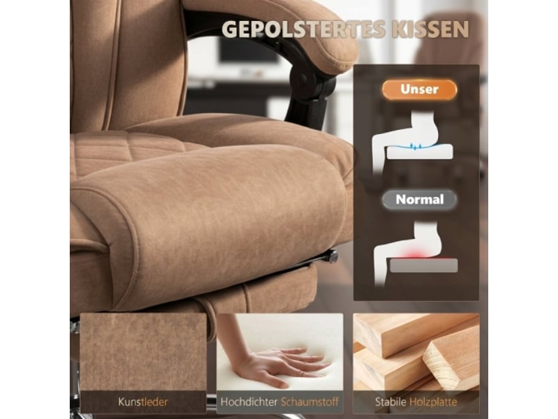  Chaise de bureau ergonomique massante avec repose-pieds, pivotante, à roulettes, marron  - Conforama D