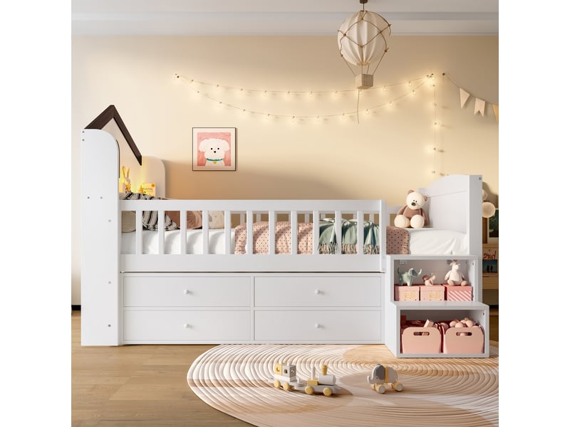  Lit surélevé forme maison avec 4 tiroirs, led et escalier rangement, blanc, 90x200 cm  - Conforama B