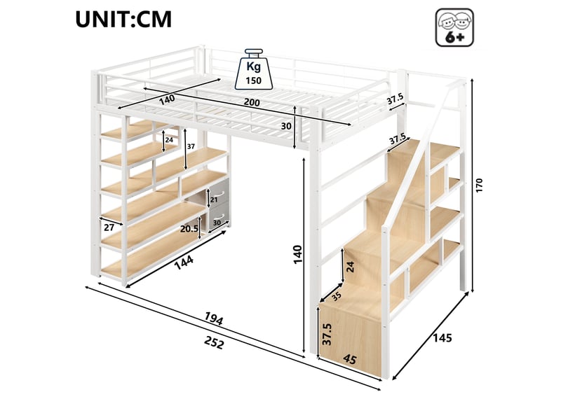 Lit mezzanine enfant 140x200 cm, escalier avec rangement, 2 tiroirs en tissu, étagères, led, espace ouvert, métal blanc Radiant Stride - Conforama C