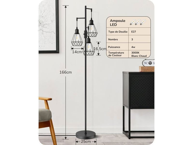  Lampadaire led 3 lumieres metal noir 166 cm dimmable e27 blanc chaud 3000k 370618_AABIW27364_6_DROPFR - Conforama D