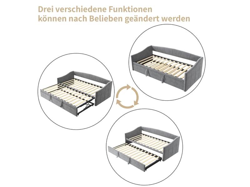  Lit de repos extensible, 90180 x 200 cm, canapé-lit, lit rembourré, lit en velours, canapé-lit pour 2 adultes, sans matelas, gris  - Conforama W