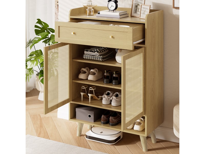 Meuble à chaussures 80x35x105 cm, 2 portes rotin, 1 tiroir, 4 étagères, rangement ouvert, meuble d'entrée, panneau particules - chêne clair  - Conforama D