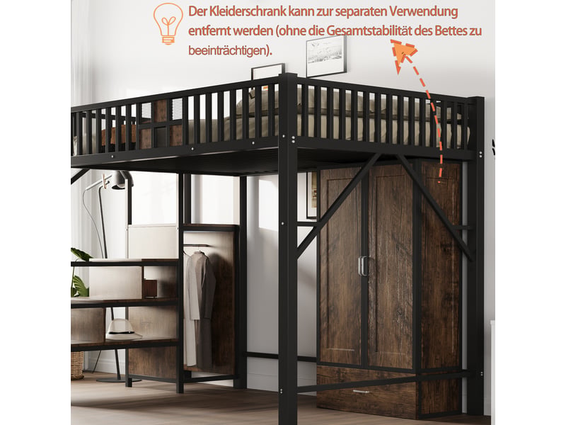  Lit mezzanine 200×140 cm avec armoire amovible, grand tiroir et escalier de rangement, en métal et bois noirs  - Conforama E