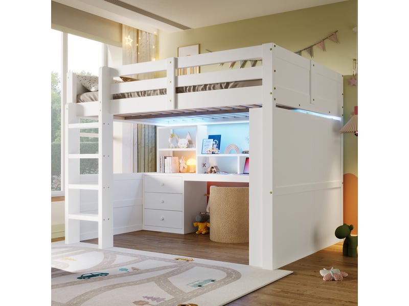  Lit superposé 140x200 cm, avec éclairage led, armoire, bureau, tiroirs, compartiments de rangement, blanc  - Conforama D