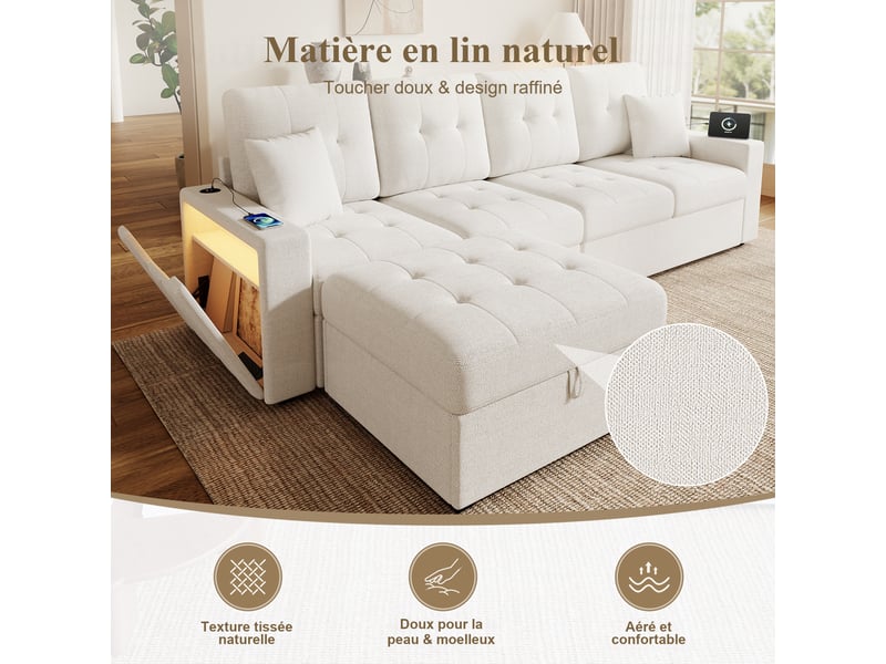  Canapé modulable 4 places beige en tissu 253 x 144,5 x 80,7 cm avec pouf coffre, rangements, usb-c et led salon ZR20634B - Conforama R