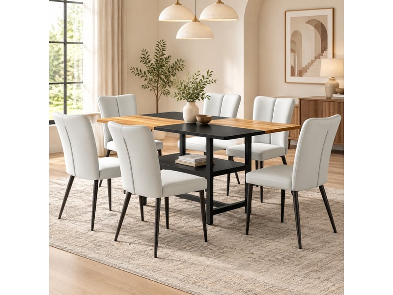  Ensemble table à manger rectangulaire 6 places avec rangement, chaises gris clair et métal noir, 160 cm  - Conforama B