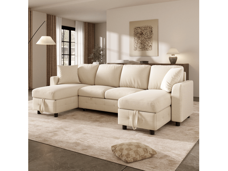  Canapé panoramique en u convertible 4 places avec rangement, ports usb et type-c, 2 coussins en chenille beige  - Conforama B