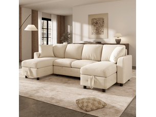 Canapé d'angle panoramique convertible <strong>WISHDOR</strong> <strong></strong> 4 places Tissu beige avec coffre de rangement