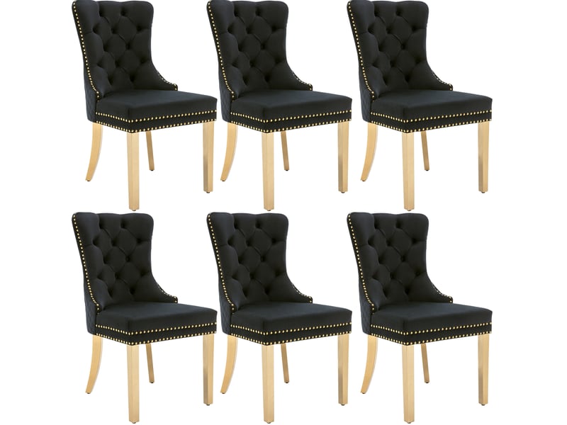  Lot de 6 chaises 50,5x45x95cm avec design unique de poignée de porte, design à clous, pieds en métal, velours, noir  - Conforama A