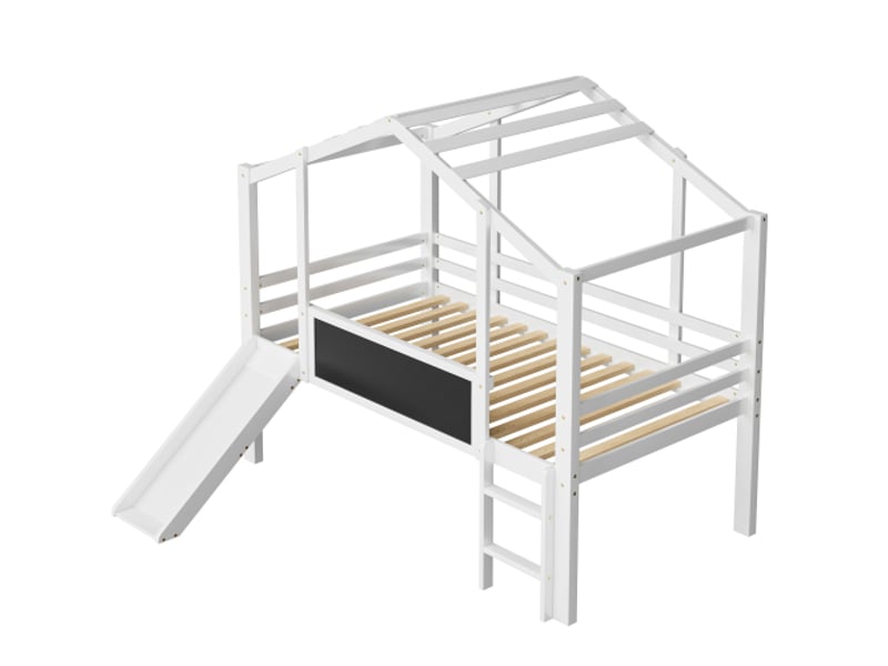  Lit cabane mi-hauteur 90x200 cm, lit enfant avec toboggan de sécurité, planche à dessin, sans matelas, blanc  - Conforama E